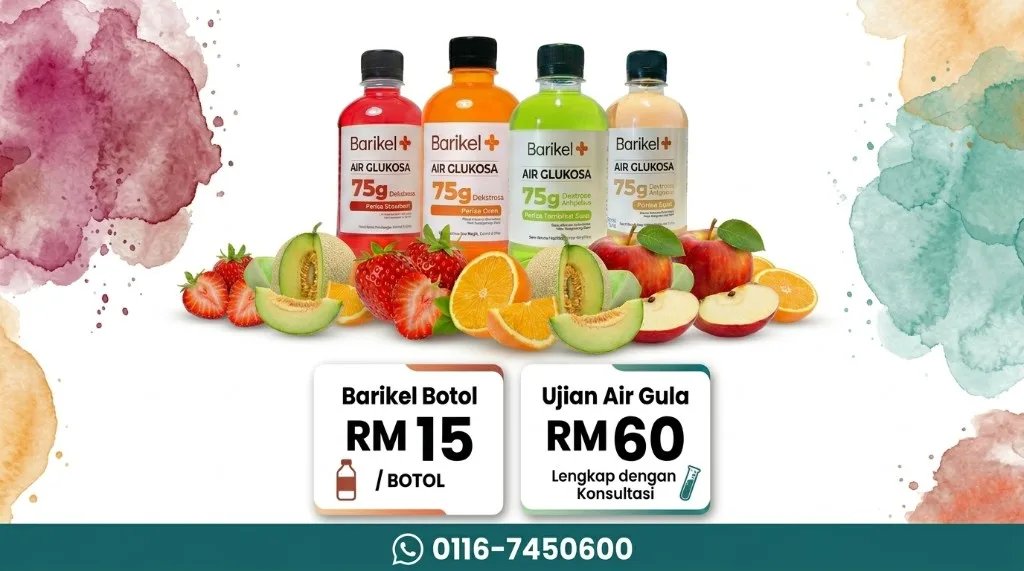 Pelita Clinic poster: Barikel glucose drink for oral glucose tolerance testing — bottle pricing and glucose test package with consultation.